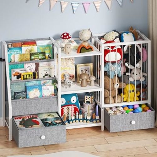 Creso hom 4-in-1 Kids Bookshelf and Toy Storage, 45.7"x11.8"x30", Stuffed Animal Storage & 3-Tier Sling Bookcase & 3-Tier Shelves & 2 Drawers, Book Shelf for Kids Rooms, Nursery, Bedroom, Grey