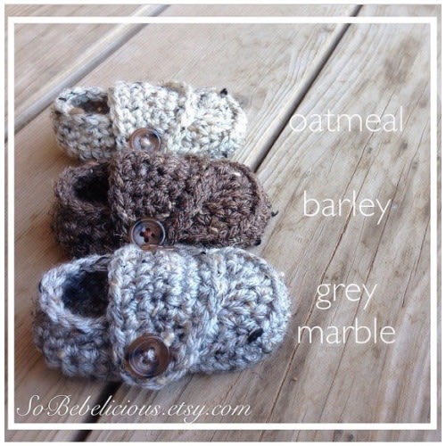 Crocheted Baby Boy Loafer Booties in Grey Marble by SoBebelicious