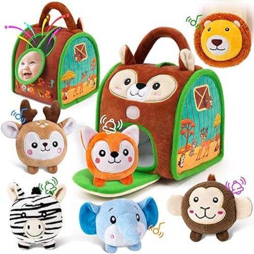 Montessori Sensory Toys for Babies 6-12 Months & Toddlers 1-3 Year Old - Educational Stuffed Animal Set with Rattle, Crinkle & Safe Mirror for Baby Kids & Boy Girl