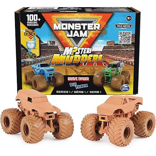 Monster Jam, Mystery Mudders 2-Pack Monster Trucks, Official 1:64 Die-Cast Vehicles, Wash to Reveal (Styles Will Vary), Kids Toys for Boys 3 and Up