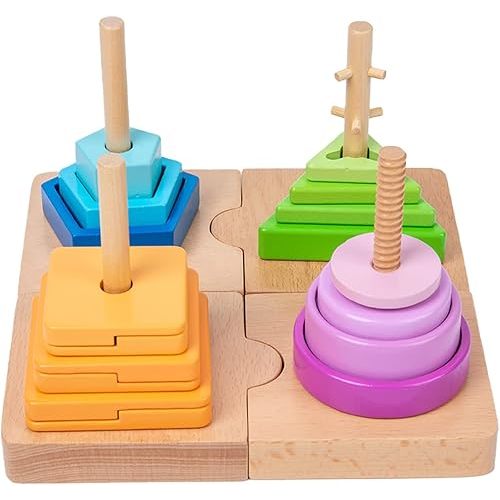 Adena Montessori 4-in-1 Shape Color Sorting Toy for Toddlers - Wooden Educational Toy With Detachable Bases, Gradients of Colors and Shapes for 12-18 Months