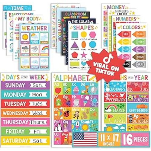 Hadley Designs 16 Educational Posters for Classroom Decor - Colorful Educational Posters for Toddlers 1-3, Toddler Learning Poster for Kids Ages 3-5, Kindergarten & Preschool Classroom Must Haves