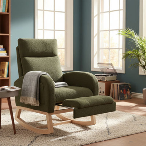 Teddy Fabric Upholstered High Back Rocking Chair with A Storage Pocket and Adjustable Footstool | Wayfair