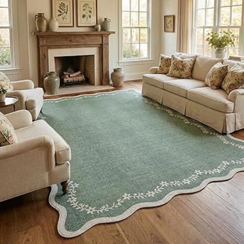 GarveeHome 5x7 Scalloped Area Rug Sage Green Washable Rugs for Living Room Bedroom, Soft Low Pile Non Slip Accent Floor Mat Solid Floral Print Throw Rug Indoor Carpet for Dorm Playroom