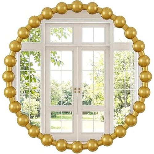 24 Inch Gold Round Mirror for Wall, Modern Circle Mirror with Decorative Beaded Frame, High-Definition Vanity Mirror for Bathroom, Living Room, Bedroom, Entryway
