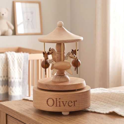 Luxury Wooden Carousel Music Box, Personalized Baby Name Gift, Elegant Nursery Decor, Baby Shower Gift, Wooden Nursery Decor, 1st Birthday