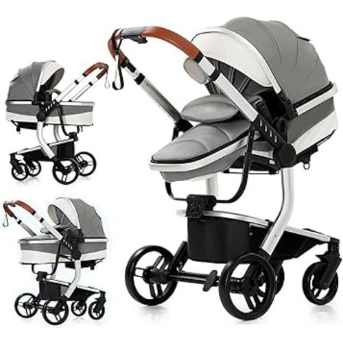 PU Leather 2 in 1 Baby Stroller, Convertible Foldable Standard Stroller, Reversible Pushchair Infant Carriage, Portable High Landscape Pram for Toddler Newborn, Aluminum Alloy (2US518-Grey)