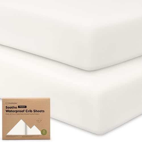 2-Pack Waterproof Crib Sheets for Boys, Girls - 52x28 Fitted Organic Cotton Baby Crib Sheets, Toddler Mattress Protector Cover, Washable, Soft & Durable Baby Bedding Essentials (Soft White)