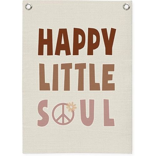 Playroom Decor,Happy Little Soul Linen Canvas Banner,Boho Inspirational Wall Hanging for Girls Bedroom,Kids Room,Nursery,Playroom 18x25 Inch