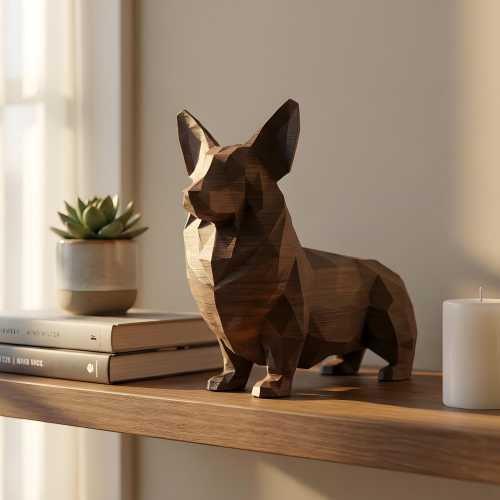 Pembroke Welsh Corgi Sculpture, Low-Poly Geometric Dog Statue, Matte White PLA, 4 to 8 Inch