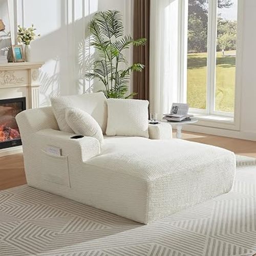 Oversized Chaise Lounge Chair - Upholstered Couch Cloud Boneless Chair,Deep Seat Sleeper Sofa with Cup Holders and Side Pockets,Comfy Reading Chair for Living Room (Cream)