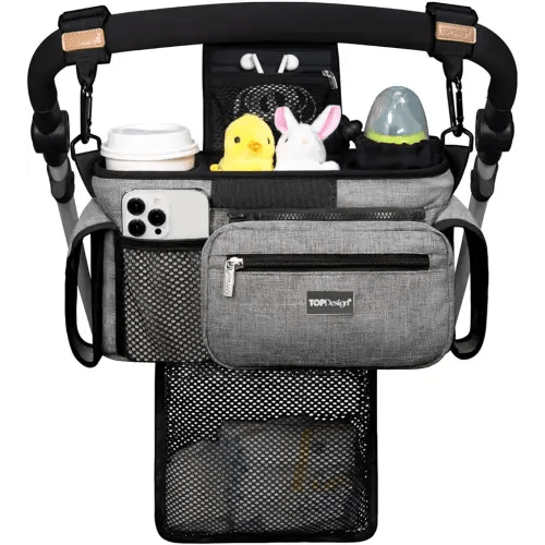 TOPDesign Universal Baby Stroller Organizer, Stroller Caddy with Detachable Mesh Bag & Heightened Insulated Cup Holders & Non-Slip Secure Hooks Accessories, Fits Most Strollers (Grey)