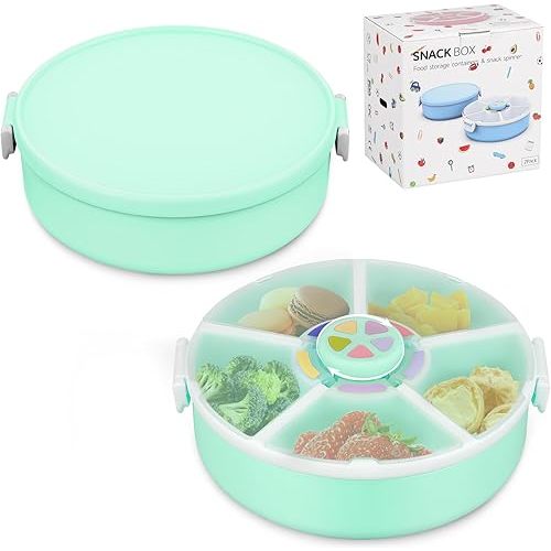 Kids' Rotating Snack Container Set – 2-Pack, Includes 1 Rotating Snack Container & 1 Round Sectioned Snack Box, BPA-Free, Dishwasher Safe, Perfect for Travel-Green