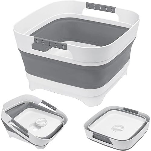 2.4 Gal(9L) Collapsible Wash Basin with Drain Plug,Dishpan for Soaking Baby Bottles,Portable Sink Tub,Ice Beverage Tubs for Camping, Vegetable Washing, RV(Gray)