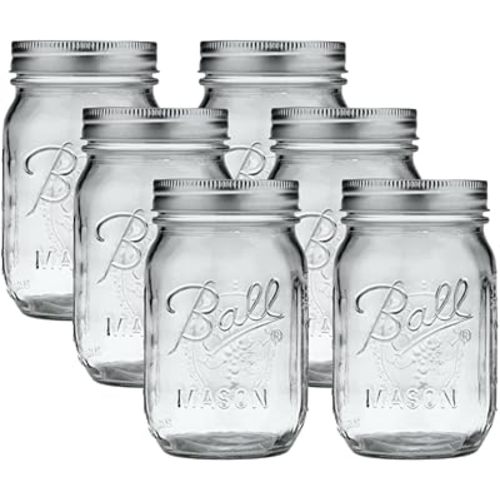 Ball Regular Mouth Glass Mason Jars with Lids and Bands, Used for Canning (Pint, 16 Ounce (Pack of 6))