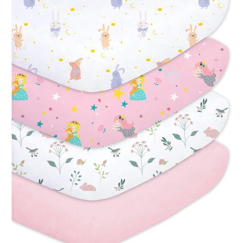 Plushii 4 Pack Fitted Crib Sheets for Baby Girls, 28"x 52" Extra Soft Microfiber Crib Sheet Set for Standard Crib & Toddler Mattress Pad, Rabbit & Moon & Bunny & Pink