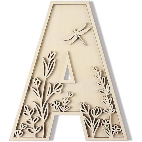 Layered 12 Inch Large Wooden Letters for Wall Decor, Flowered Paintable Wooden Nursery Letters for Crafts Wood Alphabet Letter A for Birthday Boho Nursery Name Sign Wedding Home Decoration