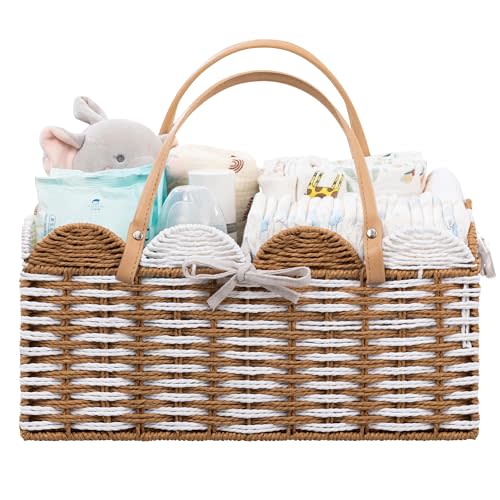 HBlife Large Baby Diaper Caddy, Paper Rope Storage Baskets Nursery Bin with Removable Divider, Portable Car Organizer for Diapers, Baby Shower Gifts, Newborn Essentials Must Haves