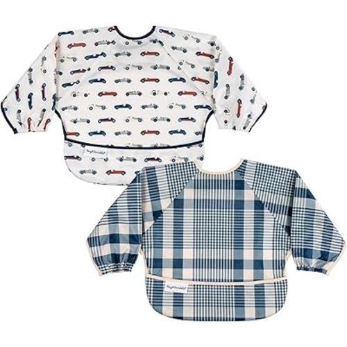 Tiny Twinkle Long Sleeve Bib for Babies & Toddlers | 2-Pack Waterproof Smock Bib for Eating | Machine Washable & Mess-Proof Feeding Essentials | Newborn Shower Gift(Vintage Cars, Gingham, 6-24M)