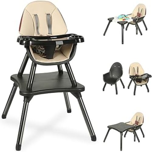 6 in 1 Baby High Chair, Convertible Highchair for Babies and Toddlers, Building Block Table Highchair with 5-Point Safety Harness/Removable Tray, Infant Feeding Table and Chair Set, Black