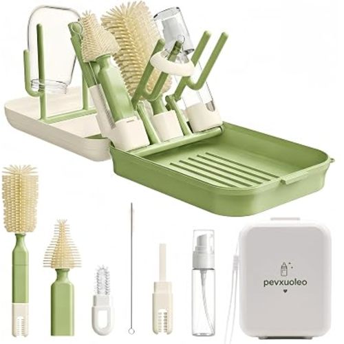 8-in-1 Baby Bottle Cleaning Kit, Portable Brush Set & Drying Rack, Green