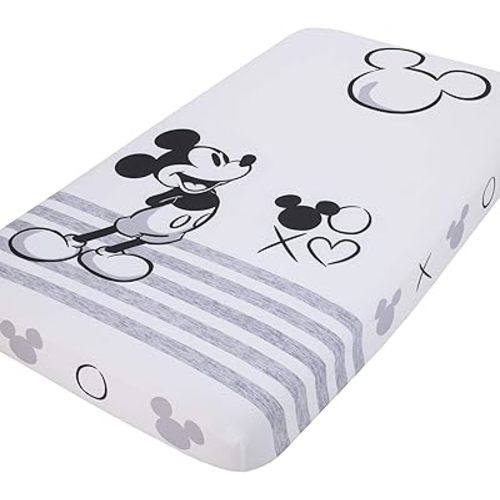 Disney Mickey Mouse - Grey, Ivory & Black Photo Op Fitted Crib Sheet, Black, Grey, Ivory