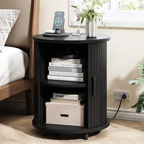 ONBRILL Round End Table with Charging Station, Mid Century Bedside Table with Sliding Door & 2 Tier Storage, Mid-Century Modern Nightstand for Living Room, Home, Black