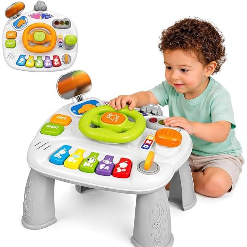 Baby Activity Table for Toddlers 1-3, Toddler Activity Table with Steering Wheel, Piano Keys, Lights and Music, Learning Toy for 18 Month Old Boys and Girls, First Birthday Gift, Baby Piano Toy
