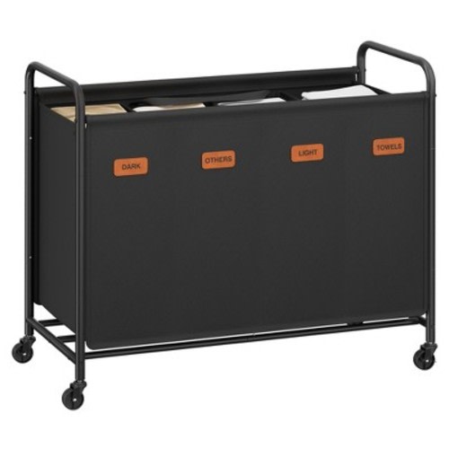 SONGMICS 4-Section Laundry Sorter, Laundry Hamper with Wheels, Large Capacity and Removable Bags, for Laundry Room, Bedroom, Bathroom, Ink Black