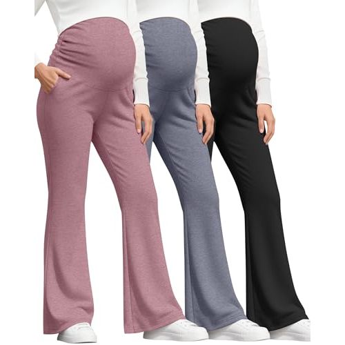 3 Pack Women's Maternity Pants Comfy Flare Trousers | Over the Belly Maternity Pants, Stretchy Pregnancy Sweatpants with Pockets, Comfy Bootcut Trousers, Casual, Loungewear, Moms