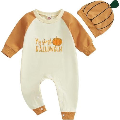 2Pcs Neutral Outfits Newborn Baby Boy Girl Pumpkin Romper Jumpsuit My 1st Halloween Clothes with Hat