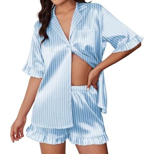 Ekouaer Silk Satin Pajamas for Women Print 2 Piece Button Down Pjs Shorts Set Ruffle Sleepwear
