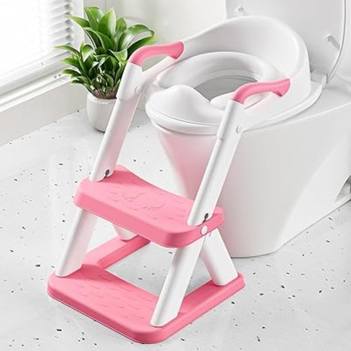 Potty Training Toilet Seat with Steps, 2-in-1 Toddler Toilet Seat for Boys Girls with Splash Guard Soft Anti-Slip Pad,Bright Pink