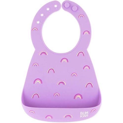 Bumkins Bibs, Silicone Pocket for Babies, Baby Bib for Girl or Boy, for 6-24 Months Up to Toddler, Essential Must Have for Eating, Feeding, Baby Led Weaning Supplies, Mess Saving, Rainbows Purple