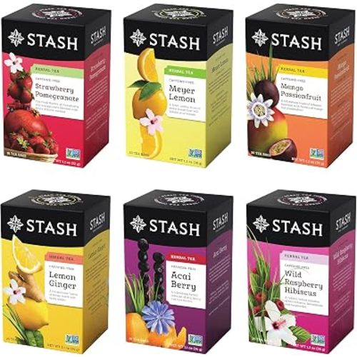 Stash Tea Fruity Herbal Tea 6 Flavor Tea Sampler, 6 boxes With 18-20 Tea Bags Each