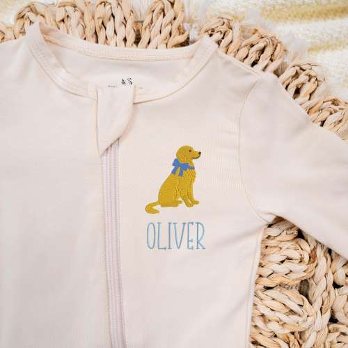 Custom Embroidered Golden Retriever Baby Pajamas, Embroidered Dog Baby Girl or Boy Baby Bodusuit Gift, Baby Shower Gift, Customizable Name