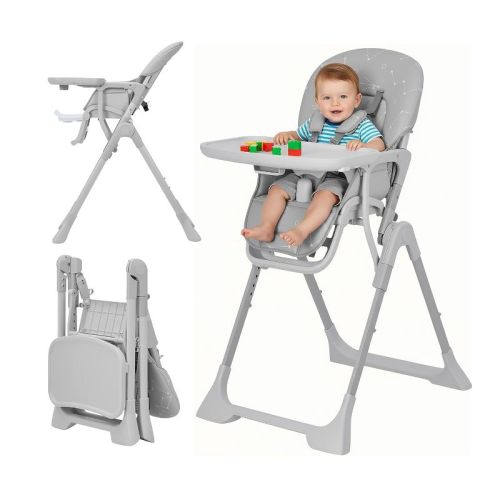 Grey Foldable Baby High Chair with Adjustable Height, Backrest, Footrest & Removable Tray