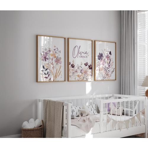 Personalized Purple Wildflower Nursery Wall Art Set of 3 Prints