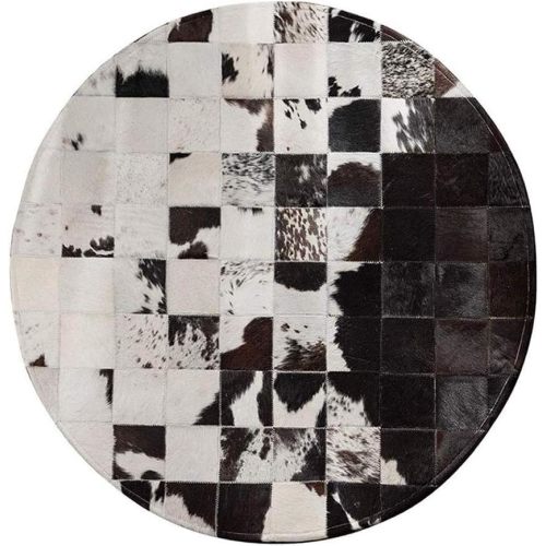 Round Cowhide Leather Rug 3x3 ft – Natural Black & White Patchwork Carpet for Living Room, Bedroom, Lounge & Farmhouse Decor | Western Style Animal Skin Area Rug