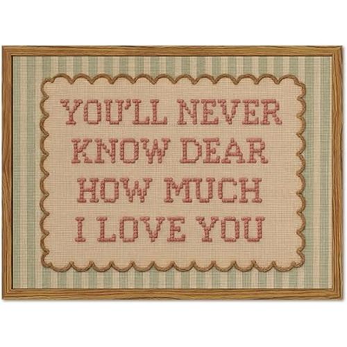 Framed You'll Never Know Dear How Much I Love You Wall Art, Vintage Nursery Pink Green Striped Pictures Wall Decor, Inspirational Quote Paintings Canvas Prints for Girl Bedroom Living Room 12x16 inch
