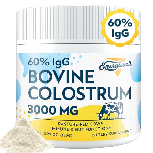 Energievoll Bovine Colostrum Supplement Powder - 60% IgG 3000 mg for Gut, Hair Growth, Beauty, and Immune, Easy to Mix, Unflavored (50 Servings)