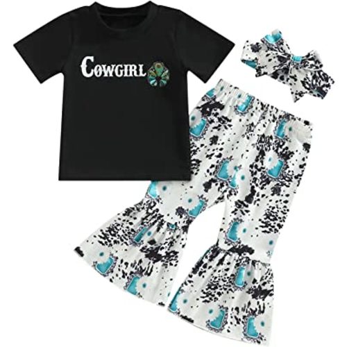Doqcey Toddler Baby Girl Western Outfit Cow Print Short Sleeve T-Shirt Tops Flared Pants Bell Bottoms Cowgirl Outfits Set