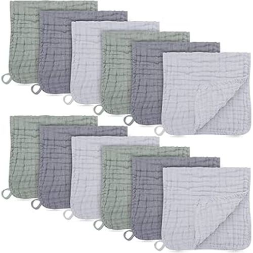 12 Pack Muslin Burp Cloths - Large 20" x 10", Ultra Absorbent 100% Cotton for Baby Drool and Messes - Soft, Gentle Baby Burp Rag for Boys & Girls -Grey, Green, Slate