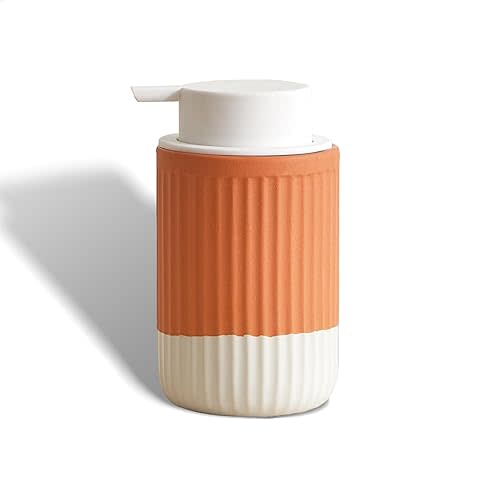 Hand Dipped Terracotta Ceramic Foam Soap Dispenser, 12 oz Rippled Bubble-Up Bottle with White Silicone Pump, Refillable Orange Hand Soap Dispenser for Bathroom
