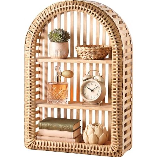 Rattan Wall Shelf - 3 Tier Boho Arched Wicker Hanging Shelves