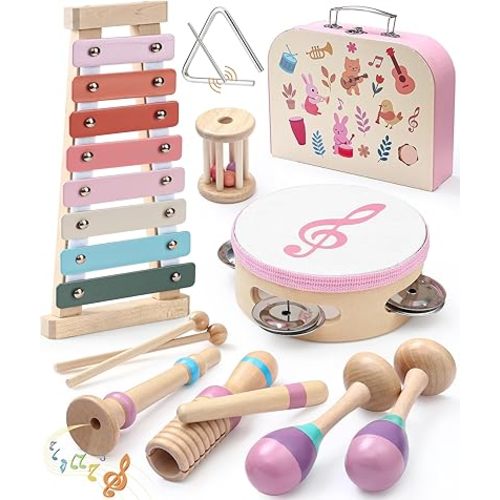 Toyssa Baby Musical Instruments, Montessori Wooden Musical Toys for Toddlers 2-3 with Xylophone Maracas Tambourine and Gift Box Kids Preschool Educational Birthday Gifts for 2 3 4 5 Year Old