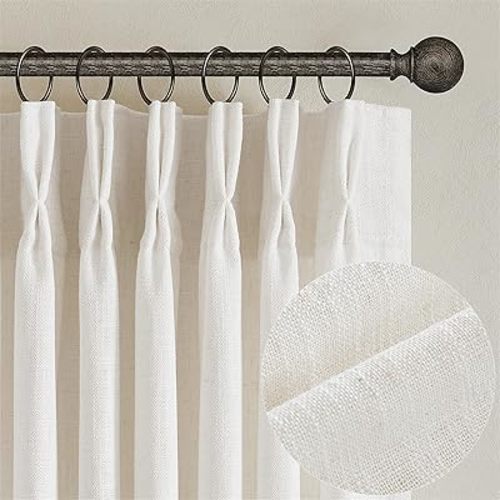 Natural Pinch Pleated Linen Curtains 84 Inch Length 2 Panels for Living Room Bedroom Textured Cream Ivory Birch Semi Sheer Boho Neutral Back Tab Pinch Pleat Hooks Rings Window Curtain 84 Inches Long