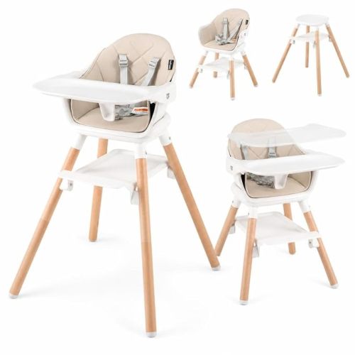 HONEY JOY Baby High Chair, 6 in 1 Convertible Wooden Highchair for Babies and Toddlers/Chair/Bar Stool, Removable Double Tray & Reversible Footrest, Safety Harness for Infant Boys Girls (Beige)