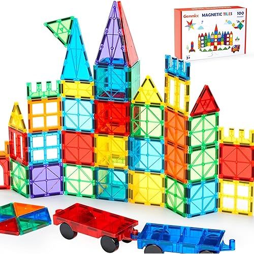 Gemmicc 100 PCS Magnetic Tiles with 2 Cars, STEM Approved Educational Magnet BuildingToys, Magnet Puzzles Stacking Blocks for Boys Girls