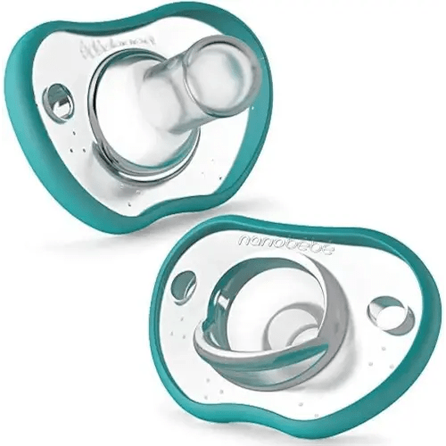 Nanobebe Baby Pacifiers 0-3 Month - Orthodontic, Curves Comfortably with Face Contour, Award Winning for Breastfeeding Babies, 100% Silicone, Perfect Baby Registry Gift 2pk,Teal